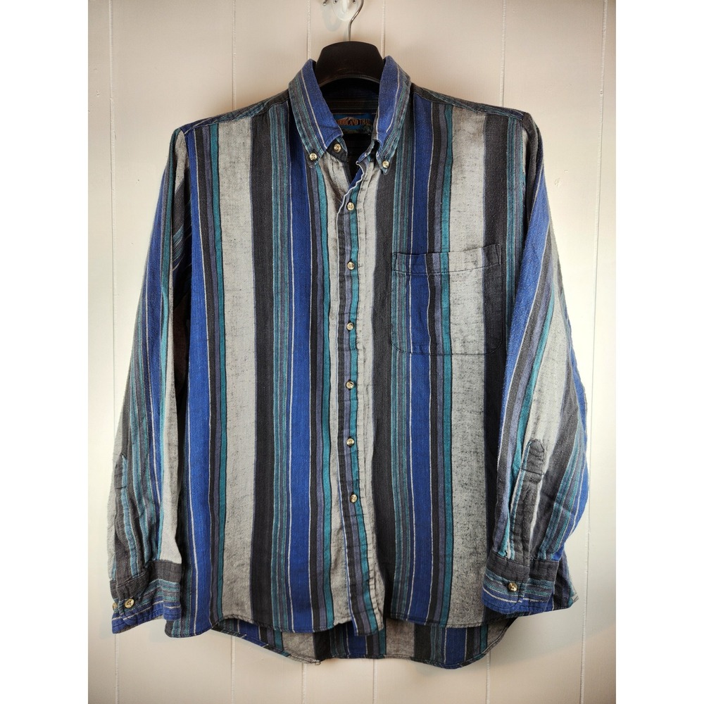 Woodland Trail Vintage Mens Large Blue Grey Striped Cotton Flannel Button Down